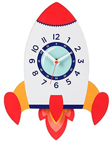 perfk Cartoon Wanduhr mit Dekorativer Pendeluhr Aus Holz für Den Schulkindergarten, Rakete