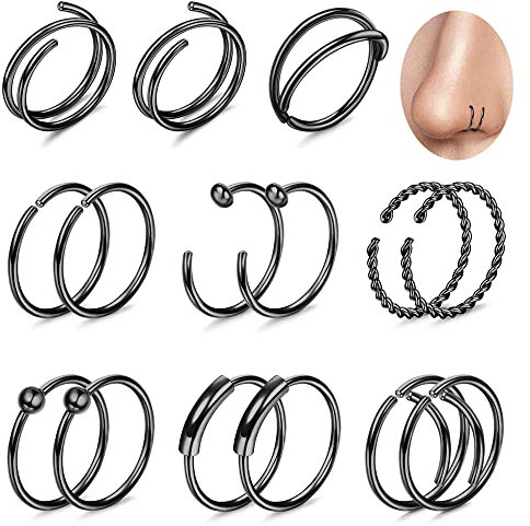 Kakonia 20G Nasenpiercing Ring 316L Edelstahl Doppel Nasenring Piercing Knorpel Reifen Septum Piercing Helix Tragus Lippenpiercing Spiral Nasenpiercing Nostril Piercing Ring, Schwarz