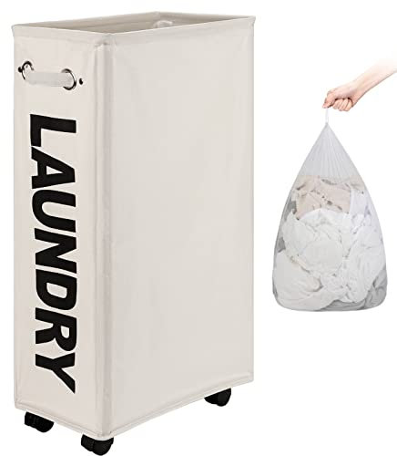 DOKEHOM 29-Inches Enlarged Slim Laundry Basket with Removable Wash Bag on Wheels, Collapsible Rolling Laundry Hamper, Foldable Narrow Corner Clothes Storage Bins (Beige)