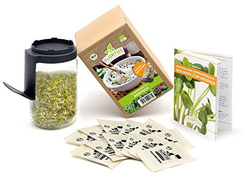 FLORTUS BIO Keimsprossen Anzuchtset Asiatisch inkl. 6 Sorten | Mungbohnen, Linsen, Alfalfa, Adzukibohnen, Weizen & Daikon Rettich | Sprossen Keimglas Set mit Saatgut | Sprossenset mit Sprossenglas