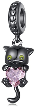 Pendentif Charms en argent sterling 925 pour bracelet Pandora-Perle de charme en forme de chat noir avec zircone rose-Cadeau de bijoux pour femmes et filles