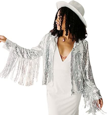 Watchify Pailletten-Fransenjacke, Disco-Thema, Country-Dolly Thema, Brauttrends 2022, Jacke mit Pailletten, Größe 44/48, Einheitsgröße