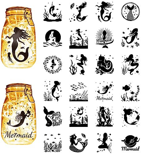 CREATCABIN 24 Stück Sommer-Meerjungfrau-Silhouetten,Einmachglas,Laterne,Laserausschnitte,Kunststoff,Sammelalbum,Verzierung Für Gläser,Wand,Dekoration,DIY,Handwerk,Schwarz,10x9cm