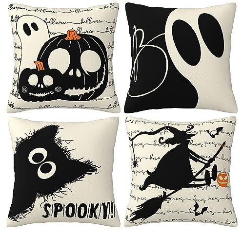 PAIVSUN Halloween Kissenbezug 40 x 40 cm 4er Set, Schwarze Katze Kürbis Geist Dekorative Kissenbezüge Halloween Dekoration für Home Sofa Schlafzimmer