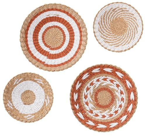 RXMORI Hängender Gewebter Wandkorb, 4er-Set, Boho-Wandkörbe, Dekor, Rustikale Boho-Wandkunst, Runde Rattan-Wanddekoration, Handgefertigte Weidenkorb-Wanddekoration für Wohnzimmer, Schlafzimmer,(#1)