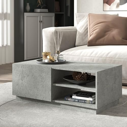 Galano paxton Couchtisch, 1 Schublade, 2 offene Ablagen, rechteckiger Wohnzimmertisch mit Stauraum (Paxton, Beton)