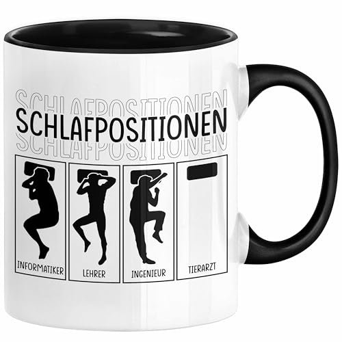 Trendation - Tierarzt Tasse Geschenk für Tierärztin Geschenkidee Lustiger Spruch Kaffeetasse Becher Schlafposition (Schwarz)
