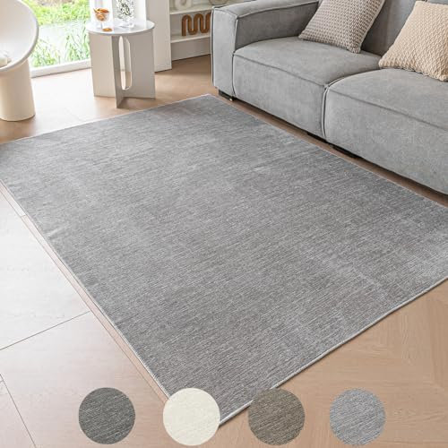 Ceneco Teppich Wohnzimmer, Chenille Kurzflor Teppiche, rutschfeste Waschbare Teppich Schlafzimmer, Teppiche Kurzflor Küche, Dünne Tepich Kinderzimmer, Büro, Lounge Bereich Teppisch (Grau, 140×200cm)