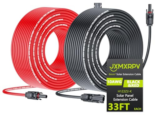 JXMXRPV Solar Cable Extension 33Ft 10AWG, Solar Wire with Tool-Free Solar Connectors, Waterproof Solar Panel Extension Cable 6mm², PV Cable 10Gauge for Home Boat RV Solar Panels(33ft)