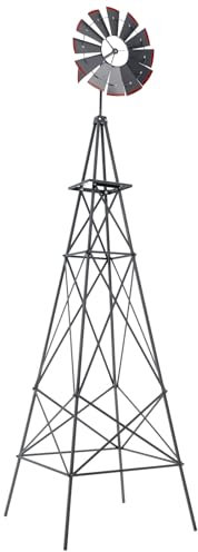 COSTWAY 8FT Metal Windmill, Weather-resistant Ornamental Garden Wind Mill as Weather Vane & Decoration, Outdoor Wind Spinner Sculpture for Patio Backyard Farm (Grey, 67x67x253cm, More Metal Braces)