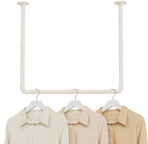 YheenLf Kleiderstangen Industrie Design, Zwei Befestigungsmöglichkeiten, Kleiderstange Wandmontage 120cm, Garderobenstange Deckenmontage 69 x 60 cm, Leicht zu installieren, 1er Set, Beige