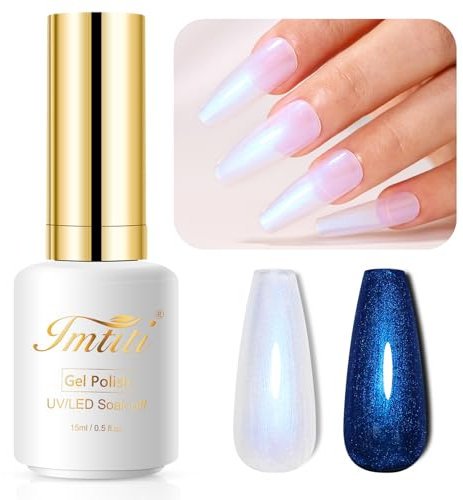 Imtiti Pearl Gel Nail Polish, 15ML Blue Transparent Shell Shimmer Nail Gel Polish Mermaid Nail Drawing Gel Polish Iridescent Pearlescent Spring Summer Nail Polish Soak Off Led UV