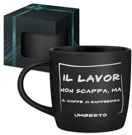 Maverton Tazza da caffè macchiato o tè in ceramica - 400 ml - Incisione personalizzata - Tazze con manico per bevande per Lui - Bicchiere da colazione per compleanno uomo - Interno nero - classico