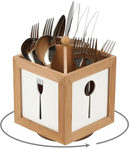 Porte-Couverts Rotatif à 4 Compartiments en Bois - Organisateur de Table avec Motif Décoratif pour Cuillères, Fourchettes et Couteaux