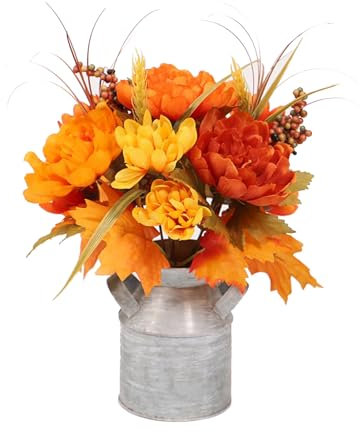 YLSZHYR Fleurs d'automne Artificielles avec Pot en Métal Bouquet de Fausses Fleurs d'automne avec Pichet en Métal Vintage Vase de Fleurs Fleurs Orange dans des Arrangements de Vase(Peony-Orange)
