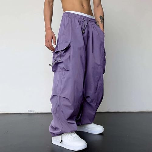 Autentici pantaloni della tuta da uomo a gamba larga, stile vintage Y2k, hip hop, streetwear, pantaloni cargo da paracadute (XL viola)