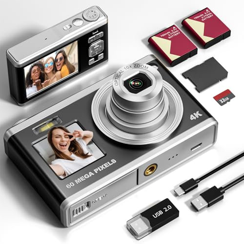 NBD 60MP Digital Camera for Photography, 4K Video Camera with Selfie Assist Screen, 16x Optical Zoom, Camera for Beginners with Selfie Assist Screen, 32GB SD Card Included (Dark) (Black)