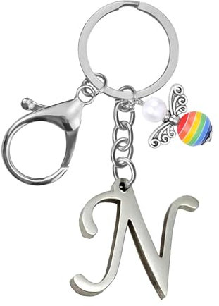 Porte-clés pour homme et femme en métal avec lettre de l'alphabet personnalisable avec breloque ange, cadeau d'amitié, cadeau de 18e anniversaire, porte-clés de voiture (N)