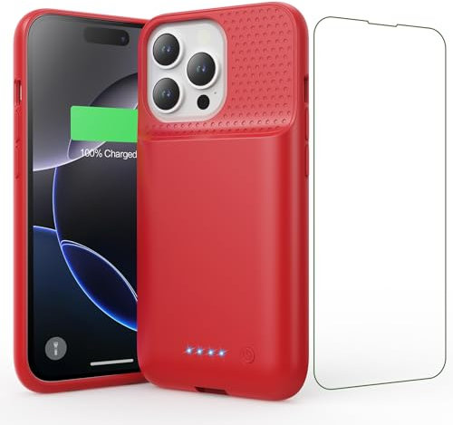 Feob Coque Batterie pour iPhone 16 Pro, 7500mAh Batterie Externe Rechargeable, Charge Rapide Chargeur Portable Boitier d’Extension avec Verre Trempé Batterie L'étui pour iPhone 16 Pro(6,3) (Rouge)