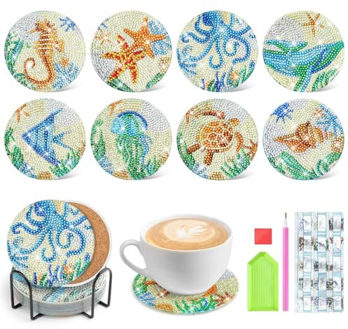 GlasFlength Posavasos de Diamond Painting, 8 Piezas Arte de Diamantes Oceánicos con Soporte Diamond Painting Coasters para Adultos Niños DIY Pintura Diamante Posavasos para Tazas y Copas de Vino