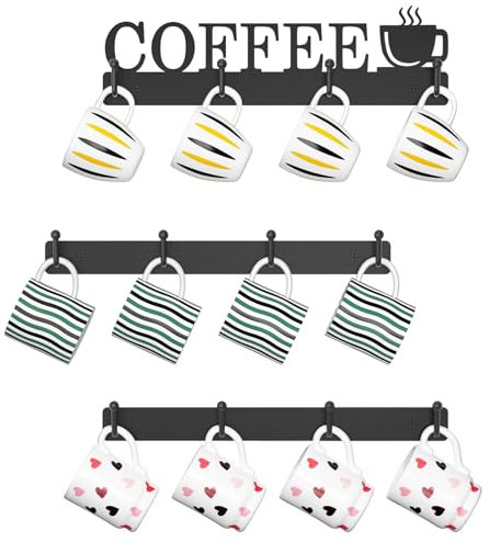 EsLuker.ly Mug Holder Rack Coffee Cup Hanger Wall Mount, Metal Wall Cup Shelf Organizer Stand with 12 Hooks, Fits Most Mugs Display for Home Kitchen, Space-Saving Coffee Bar Enhancer, Set of 3, Black