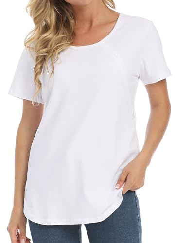 Happy Cherry Top da Allattamento da Donna Maniche Corte Girocollo Estate Maglietta Premaman Casual con Cerniera Laterale Invisibile Bianco L