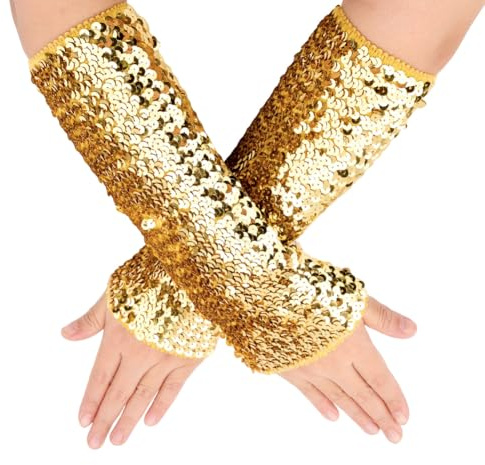 CABODYALS 1 Paar Lange Handschuhe Mit Goldenen Pailletten Glitzernde Pailletten Elastische Fingerlose Handschuhe Glänzende Funkelnde Dehnbare Überärmel Rave Armstulpen Großpackung Für Damen Abendparty