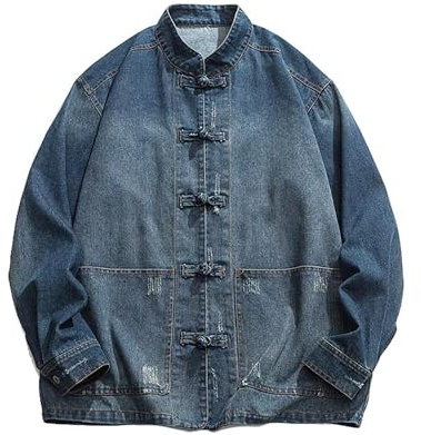 RUMAOZIA Veste en jean pour homme Style chinois traditionnel Cardigan Homme Tangzhuang Vêtements Printemps Automne Manteau en jean Rétro Boutonné Cowboy Tang Chemise de costume Col montant Chemise en