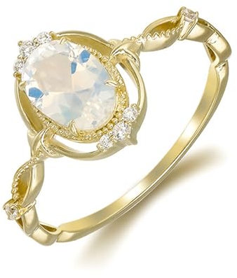 Mesnt 14K Gelbgold Ring Gold 585 Damen mit Oval Mondstein und Moissanit, Größe 63 (20.1)