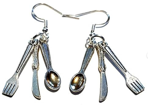 Royal Swan Antique Silver Knife, Fork and Spoon Dangle Earrings on Sterling Silver Hooks in a Velvet Gift Bag. Cutlery Drop Earrings.