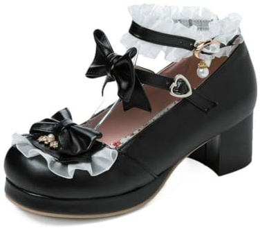 GYYZAYH Femmes Rose Lolita Escarpins Kawaii Bowknot Mary Jane Chaussures Chunky Heel Goth Punk Dress Court Shoes,Noir,44 EU