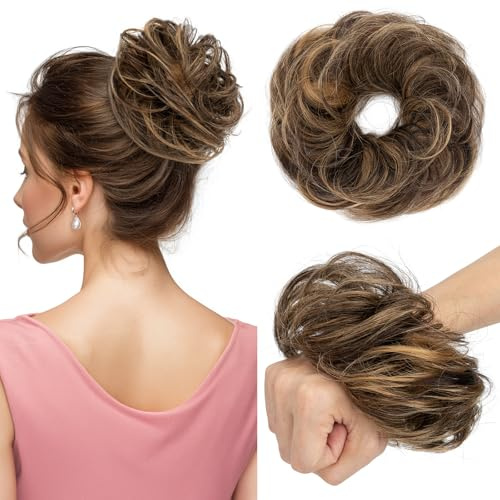 TESS Haarteil mit Gummiband Echthaar 23g, Glatte Dutt Haarteil Haargummi mit Haaren Hochsteckfrisuren Haarverlängerung Messy Bun Haarteile für Damen Naturschwarz/Braun