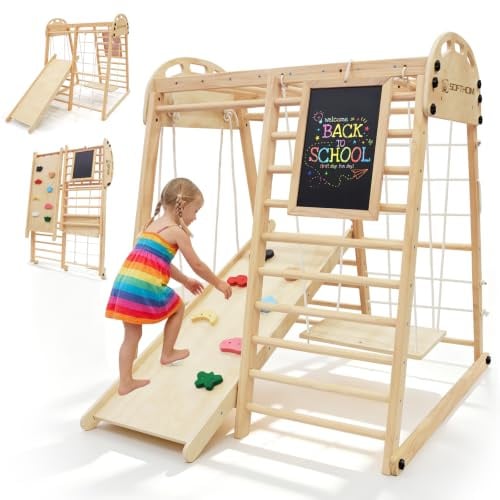 SOFTHOM Klettergerüst Indoor Klappbar, Spielplatz für Kinder ab 1 Jahr | Montessori Kletterausrüstung Kinder mit Tafel, Rutsche, Schaukel, Kletterdreieck, Kletternetz, Natur Holz Kinderzimmer