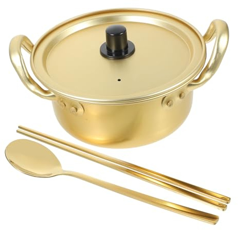 Olla de Ramen Coreano 1 Juego de Aluminio Dorado con Asa | Fácil de Limpiar, Mango Antiquemaduras, Incluye Cuchara, Adecuado para Fideos Instantáneos y Caldo
