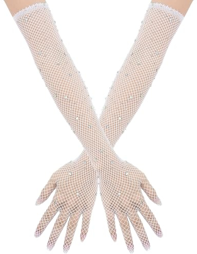 SSIMIDAPT 1 Paar Lange Netzhandschuhe für Damen, Handschuhe mit Strasssteinen, Fischnetz Handschuhe, Long Fishnet Gloves mit Funkelnden, für 80er Halloween Opern Bälle Cosplay