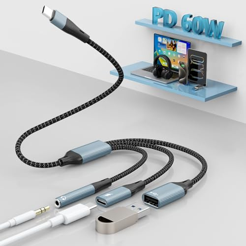 3-in-1 USB C to 3.5mm Headphone and USB C Charger Adapter,Type-C to USB OTG Adapter with USB+USBC Charging+3.5mm Headphone Port,USBC Splitter for iPhone 17/16/15/Samsung/USB Flash Drive/Keyboard/Mouse