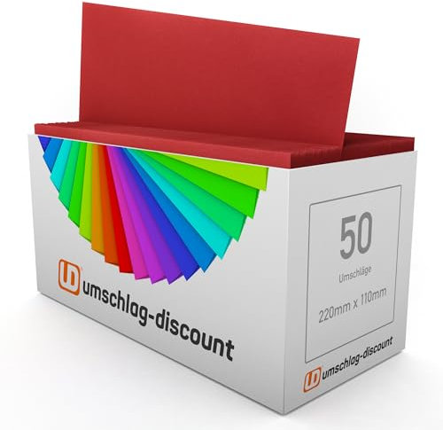 umschlag-discount - 50 Briefumschläge, Dunkelrot, Cadmium, dunkles Rot, DIN lang: 220 x 110 mm, mit Abziehstreifen, fair verpackt