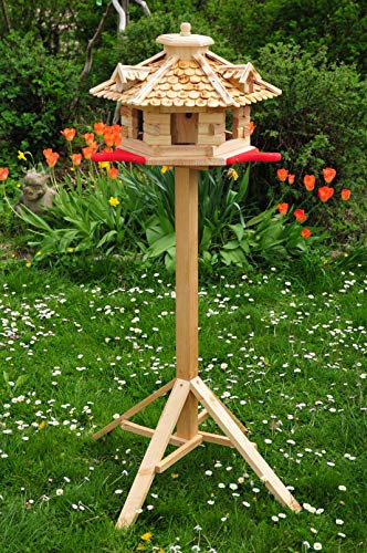 PREMIUM Vogelhaus mit Landebahn + LED - Beleuchtung/Licht/Anflugbrett, Massivholz,wetterfest, mit Ständer/mit Standfuß Silo, natur hell geflammt