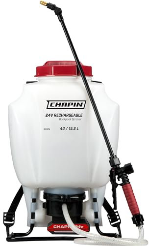 Chapin International 63924 Pulverizador de Mochila con batería extendida de 4 galones y 24 V, con Boquilla de latón Ajustable, 1 Paquete, Blanco translúcido