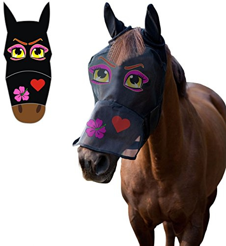 LTG PRO® Masque anti-mouches en polyester pour cheval, poney, cob - Protection complète du visage - Motif dessin animé - Yeux roses, poney