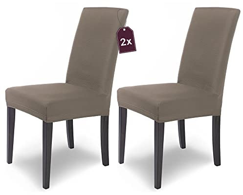 Scheffler Home Premium Stuhlhusse Mia Taupe 2er Set Stretch Husse für Schwingstühle Waschbarer Microfaser Bezug mit blickdichter Struktur als stilvoller Stuhlüberzug – Öko-Tex Zertifiziert