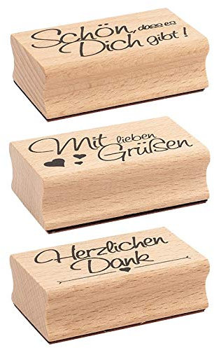 Ideen mit Herz Stempel-Set | 3 Holzstempel mit Sprüchen | je 6,5cm x 4cm x 2,2cm | ideal für Hochzeit, Glückwünsche, Einladungen (Schön, dass es Dich gibt | Mit lieben Grüßen | Herzlichen Dank)