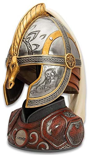 Herr der Ringe Eomerhelm und Präsentationsständer – Offiziell lizenzierte Film-Replika, Polyresin-Konstruktion, handbemalt, Leder-Nackenschutz, Kunstpferd-Haarschwanz, vervollständigen Sie Ihre