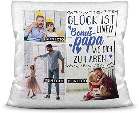 PR Print Royal Kissen inkl. Kissenfüllung mit Fotocollage zum selbst Gestalten mit DREI Fotos und Spruch - Glück ist, einen Bonuspapa wie Dich zu haben - Kissen Weiß flauschig, 40 x 40 cm