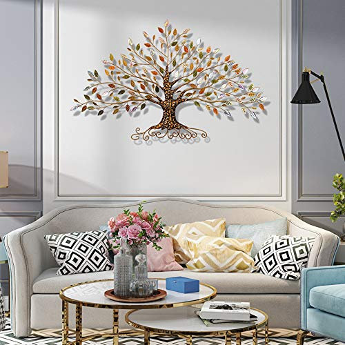 HQL Baum des Lebens Wandkunst Dekor, Baum Blatt Metall Wandskulptur, 3D kreative Wandbehang Dekoration, für Wohnzimmer Hintergrundwand,30 W x 18 H(77x45cm)