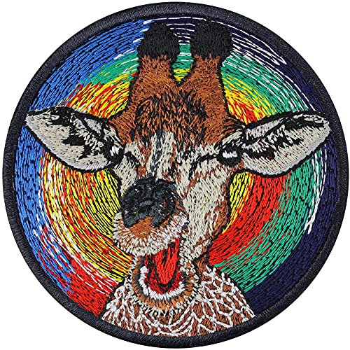 GIRAFFE im Regenbogen Aufnäher Lachende Giraffen Geschenk gestickter lustiger Aufbügler Comic Sticker Kinder Aufkleber Bügelbild Applikation zum annähen/aufbügeln 80x80mm