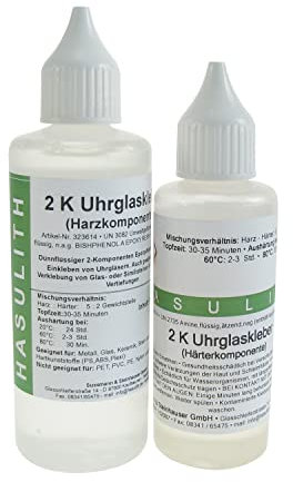 2-Komponenten Uhrglaskleber, dünnflüssig, glasklar, farblos, hohe Gilbungsresistenz, zum Einkleben von Uhrgläsern und Edelsteinen