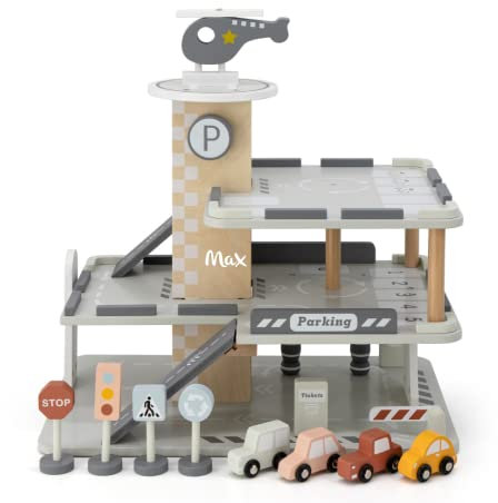 Parkgarage mit Zubehör aus Holz - personalisierbar I Holzspielzeug ab 3 Jahren I Tryco Parkhaus für Kinder I Geschenk für Weihnachten & Geburtstag I Spielzeug mit Name personalisiert