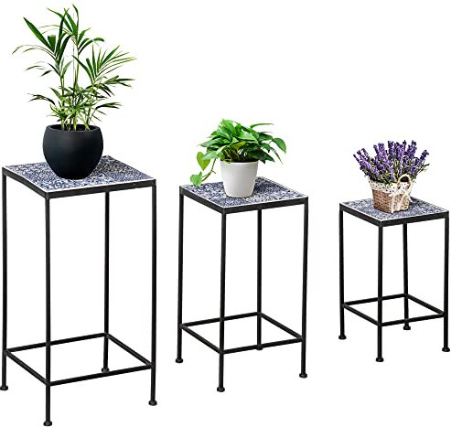 Outsunny Soportes para Plantas de Metal 3 Piezas Apilables Estantes Porta Macetas con Encimera de Azulejo Decorativa para Interiores y Exteriores 31,5x31,5x60,5 cm Azul y Negro