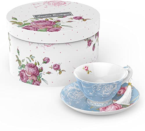 London Boutique Juego de Taza de té y platillo, 1 Juego de té de la Tarde New Bone China Vintage Flora Caja de Regalo 200 m (Azul)
